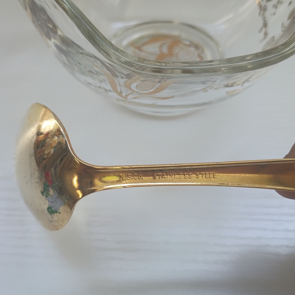 MCM Georges Briard Gold Floral Glass Bowl Jacobean Flowers W/ Gold Spoon - Picture 10 of 16